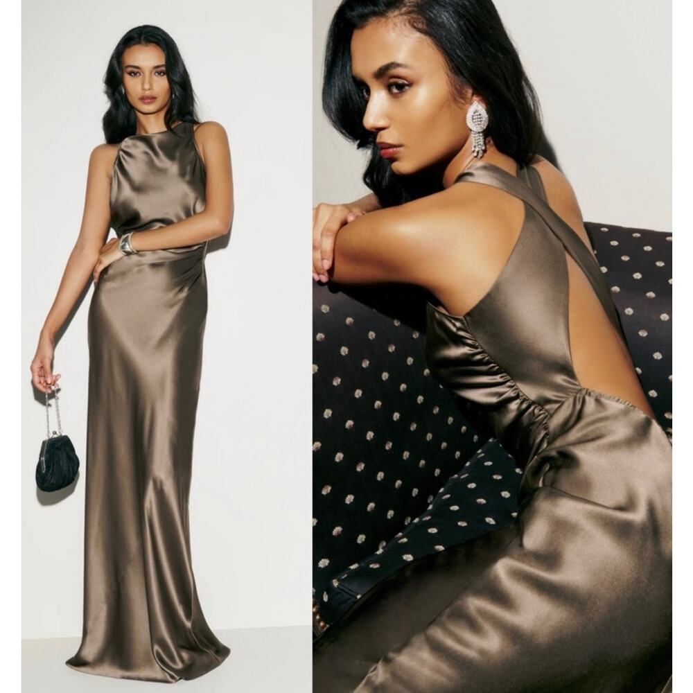 NWT Reformation Anais 100% Silk Open Back Maxi Dress in Morel Brown Size 0 - Picture 2 of 10